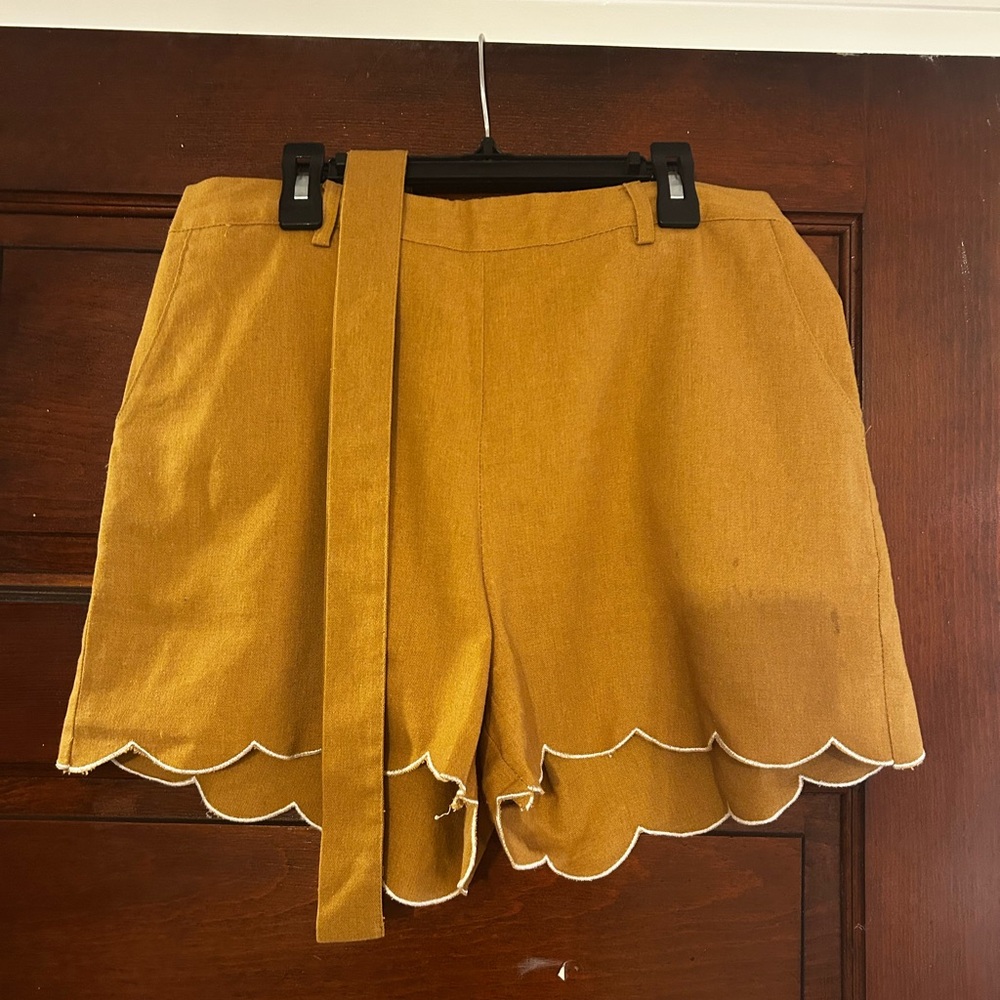 Scalloped Hem Mustard Shorts